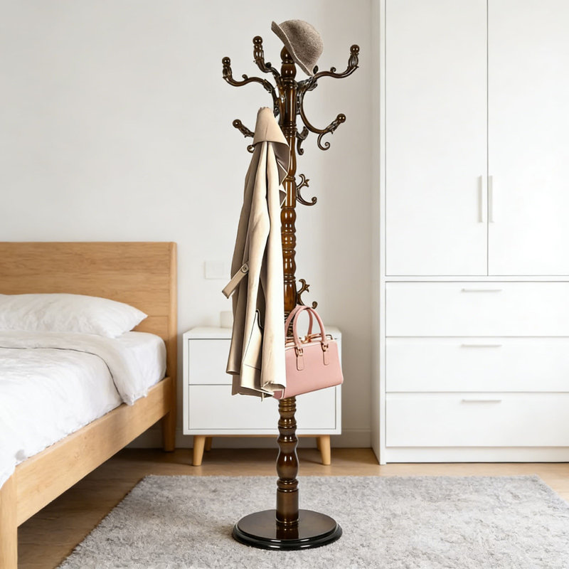 Freestanding Wooden Coat Rack With 14 Hooks And Adjustable Height, Sturdy Hall Tree With Solid Round Base For Entryway, Hallway, And Bedroom