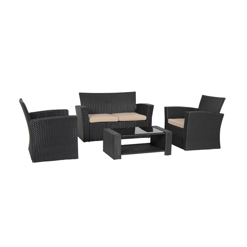 Tisdale 4-Piece UV Resistant Outdoor Conversation Set with Cushions, Black, Beige Performance