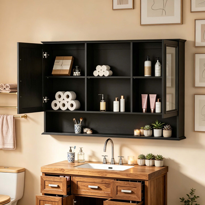 Armoire à pharmacie murale avec portes à double miroir, tablettes réglables et rangement ouvert, Black