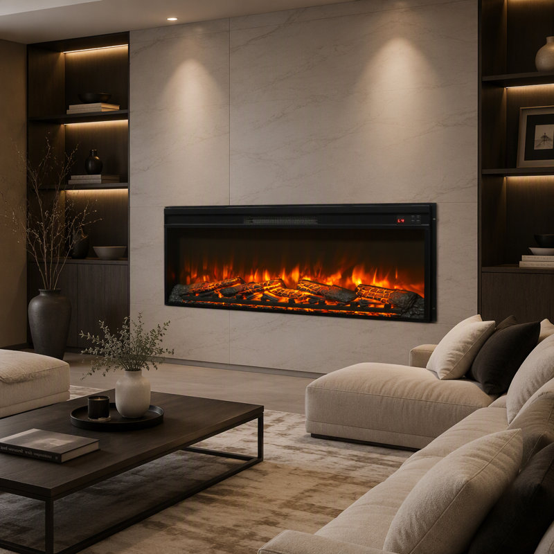 Foyer électrique encastrable de 42 pouces, appareil de chauffage ultra mince avec ensemble de bûches et flamme réaliste, télécommande avec minuterie, protection contre la surchauffe