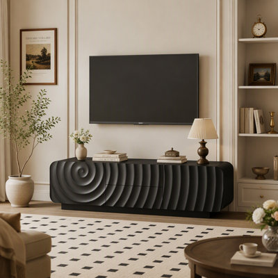 Meuble télé avec design en spirale unique et moderne, armoire de rangement et 2 tiroirs pour le salon, la chambre à coucher