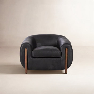 Bruno Oak Genuine Leather Barrel Chair