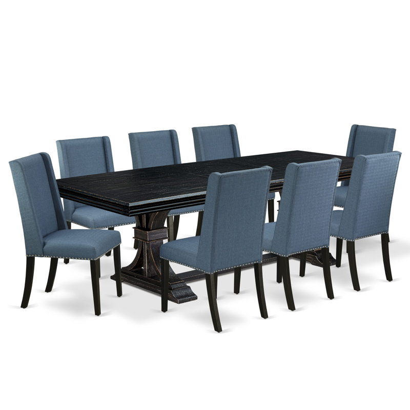 L'ensemble de table de cuisine 9 pièces se compose d'une table et de 8 chaises de salle à manger en tissu de lin bleu minéral avec dossier rembourré - finition noir sablé.