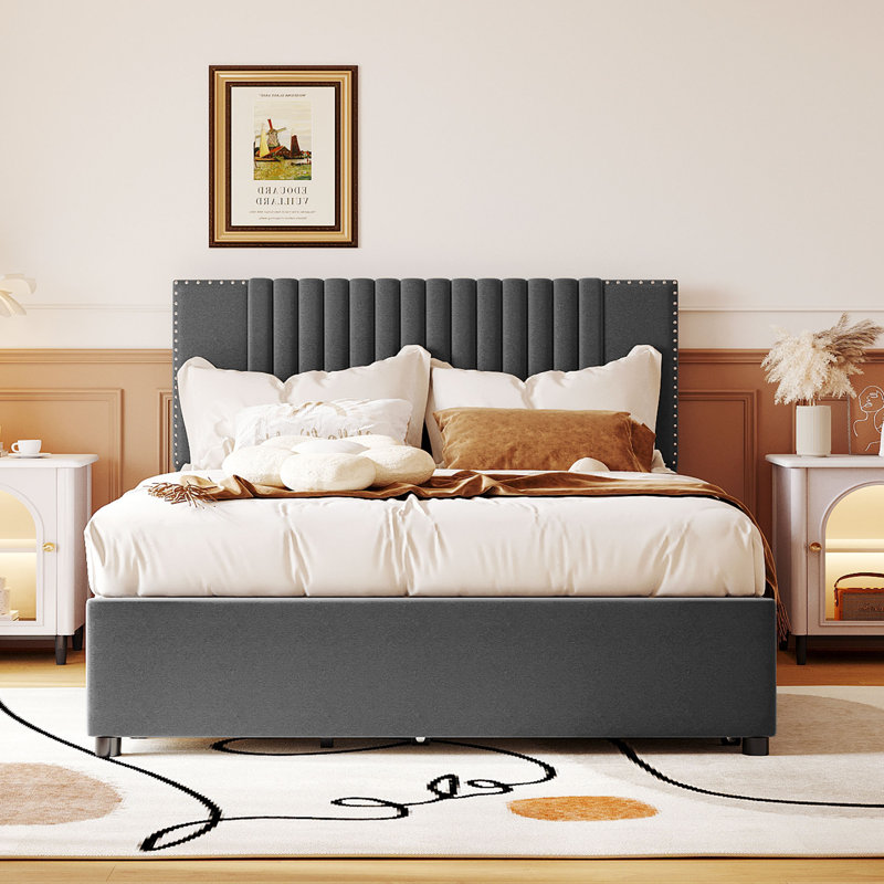 Lit plateforme en lin gris avec lit gigogne et tiroirs de rangement, Gris, Lit double