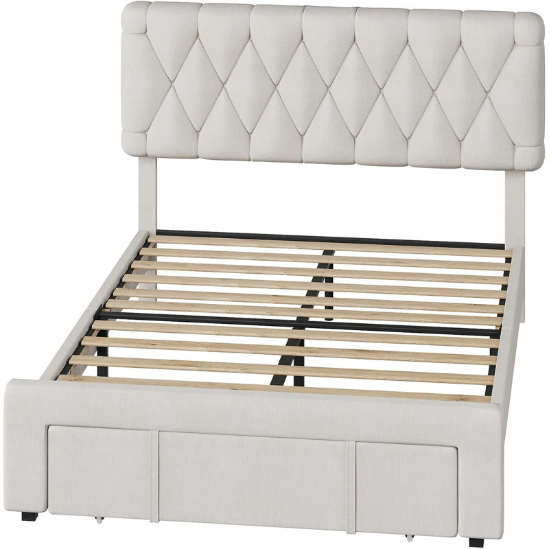 Structure de lit simple avec plateforme rembourrée, tiroirs de rangement, support à lattes en bois, silencieux, aucun sommier requis, assemblage facile, beige