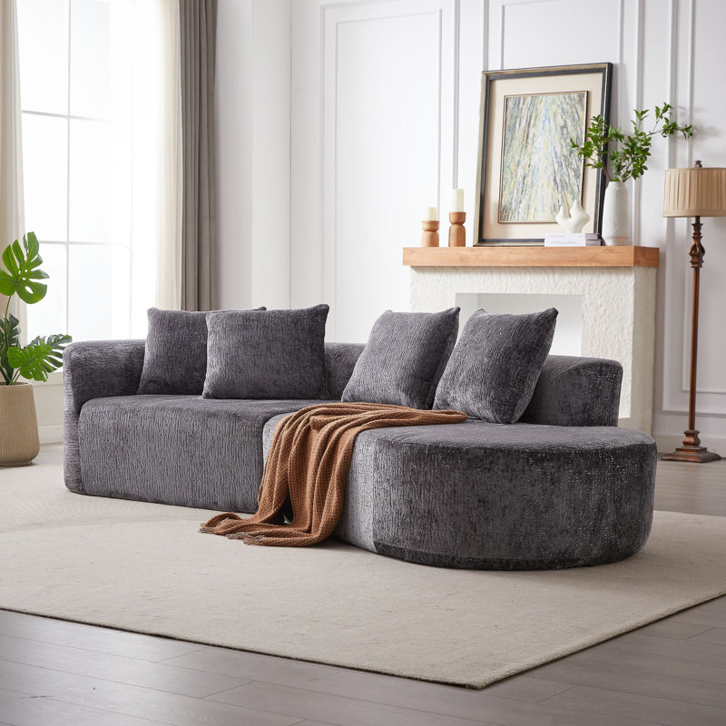 Canapé modulaire incurvé moderne en chenille avec 4 coussins décoratifs Boneless, Gris, Face à la droite