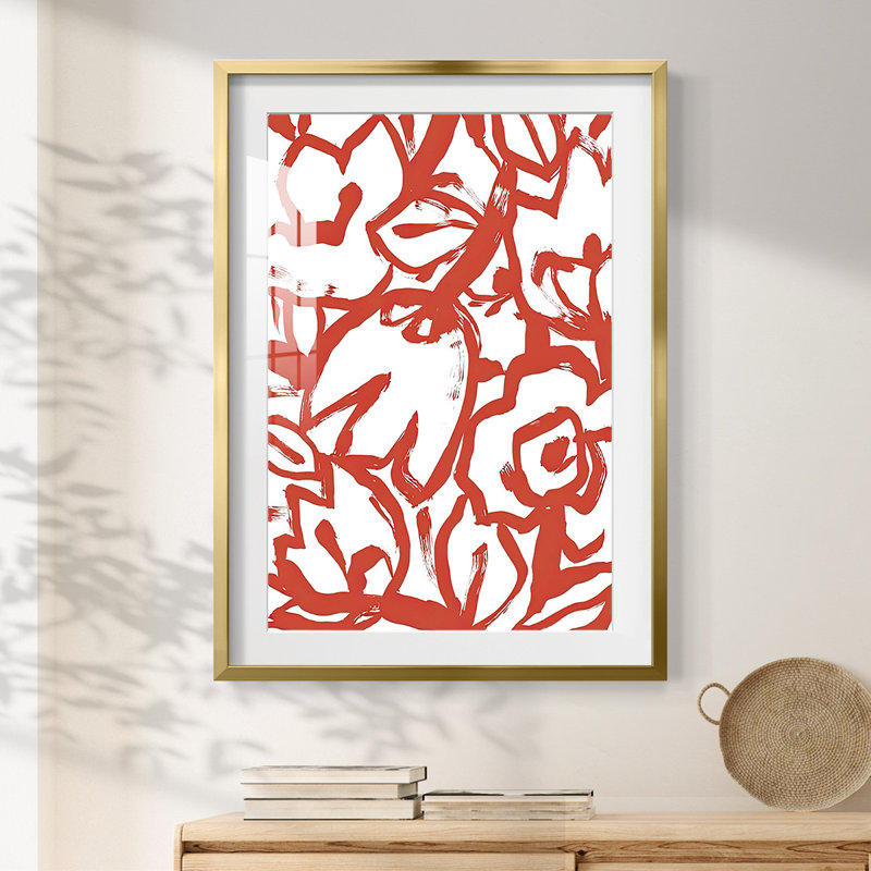 «Red Brush Floral I», impression encadrée, H 28,5 po x l 20,5 po, Doré