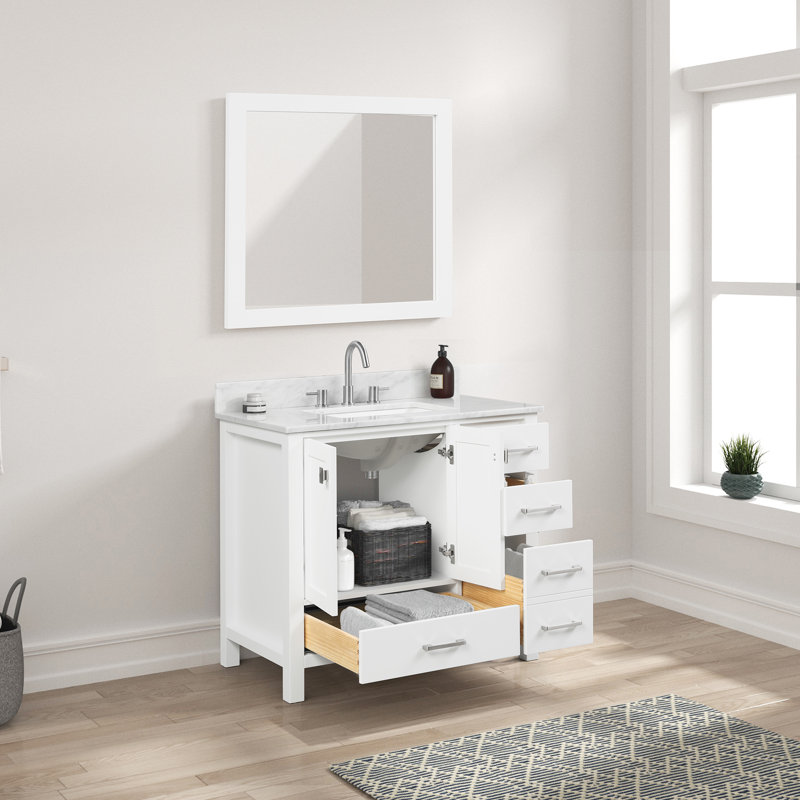 Ensemble de meuble-lavabo simple 37 po Degraaf avec plateau en marbre de Carrare et miroir, Blanc
