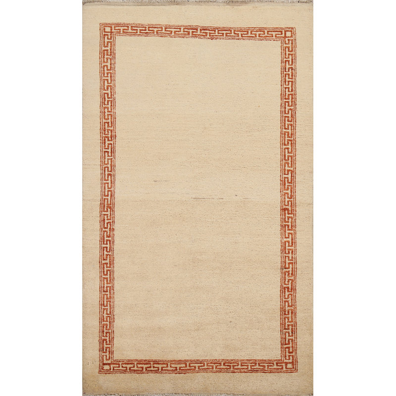 Tapis beige noué à la main de conception unique 3 pi 1 po x 5 pi 4 po