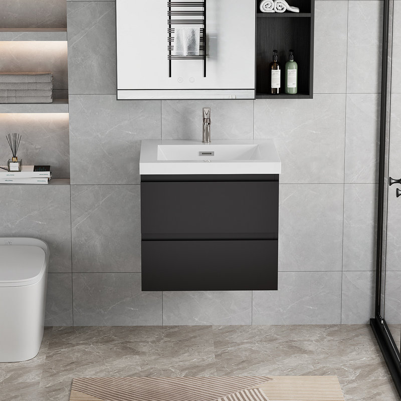 Meuble-lavabo mural 24 po avec lavabo, meuble-lavabo mural moderne avec lavabo en résine et tiroirs à fermeture douce 24 po