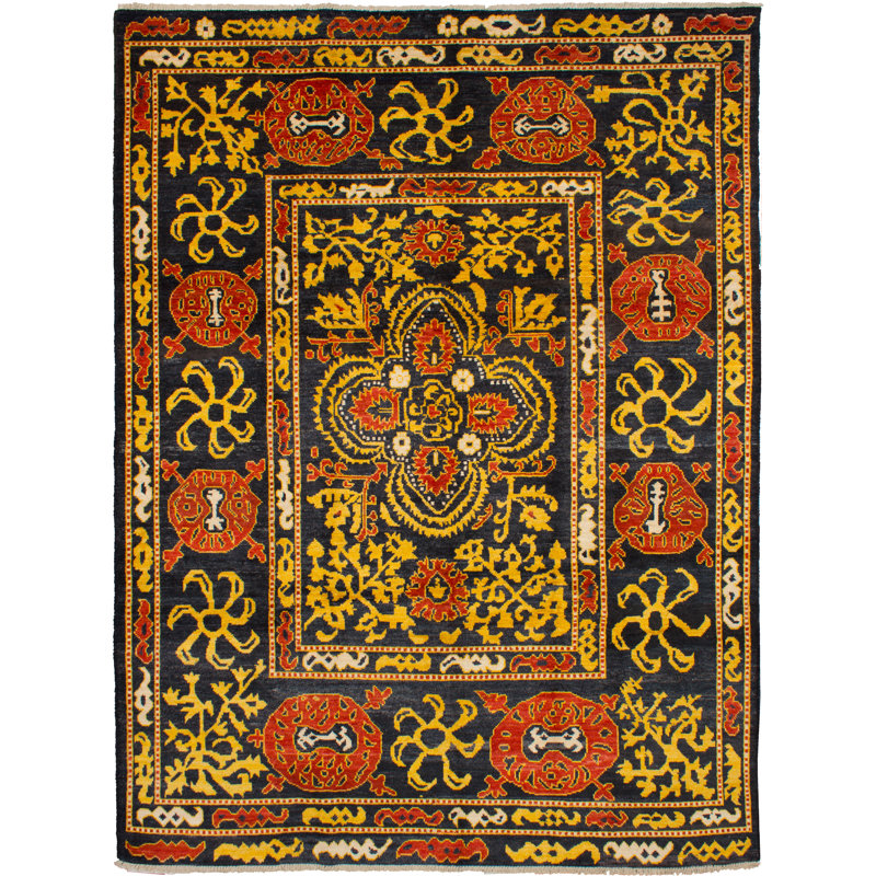 Tapis rouge / noir / jaune en laine noué à la main de conception unique des années 2010 de 9 pi 2 po x 12 pi 2 po Kalib