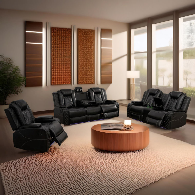 Ensemble de canapé de salon inclinable en cuir végétalien foncé 3 pièces Soren avec porte-gobelets, recharge sans fil et lumières DEL