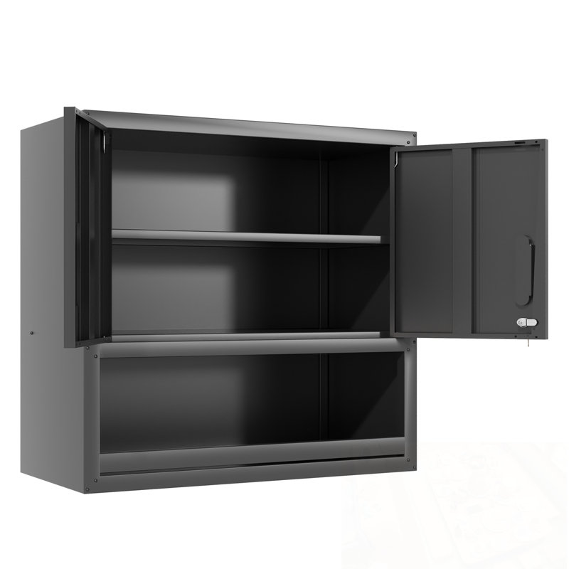 Wall Mounted Metal Storage Cabinet with Locking Door and Opened shelf, Black