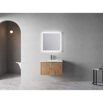 Meuble-lavabo 30 x 18-00630 avec lavabo en résine - tablette ouverte, portes à fermeture en douceur, garniture moderne et spacieuse en contreplaqué de 30 pouces, style moderne, rangement, chêne imitation