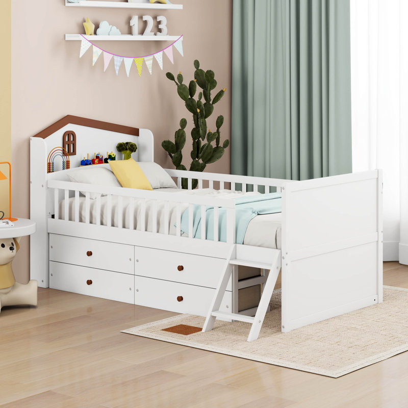 Lit plateforme simple pour enfant avec tête de lit et échelle garde-corps, lit Montessori, base de lit en bois avec 4 tiroirs