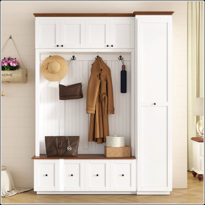 Porte-manteau d'entrée de 200 cm de hauteur VIBE HAUS avec banc de rangement, porte-manteau 5 en 1 et range-chaussures pour une décoration de style ferme moderne