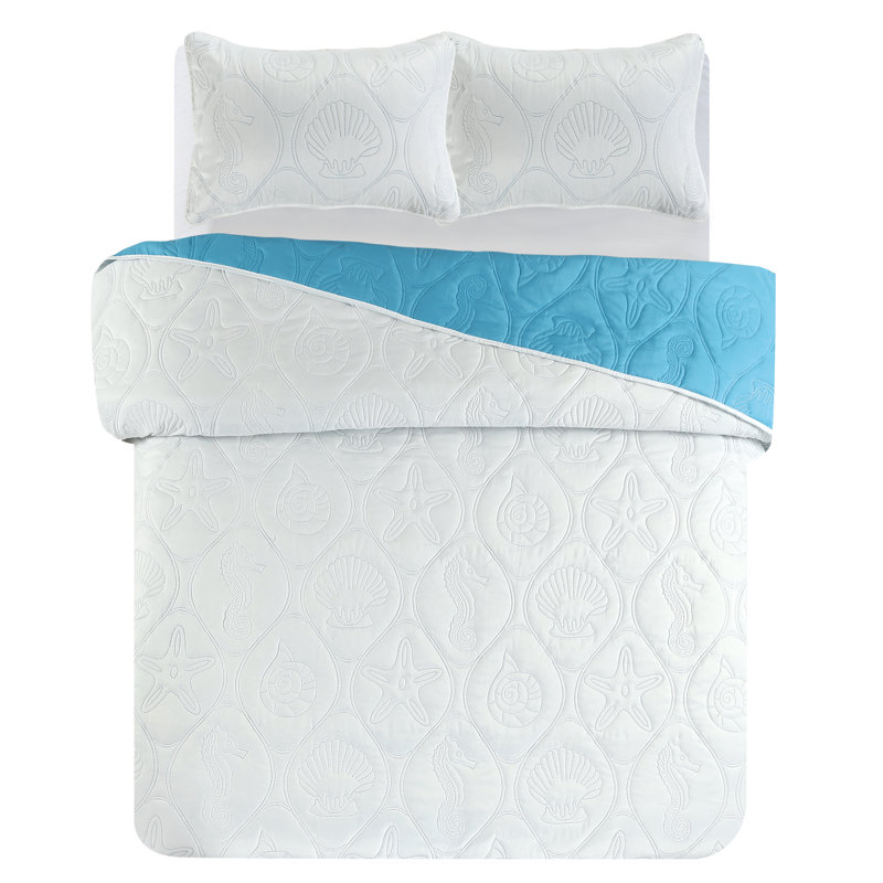 Shell Polyester Animal Print Bedding, Queen Bedspread + 2 Shams, Blue