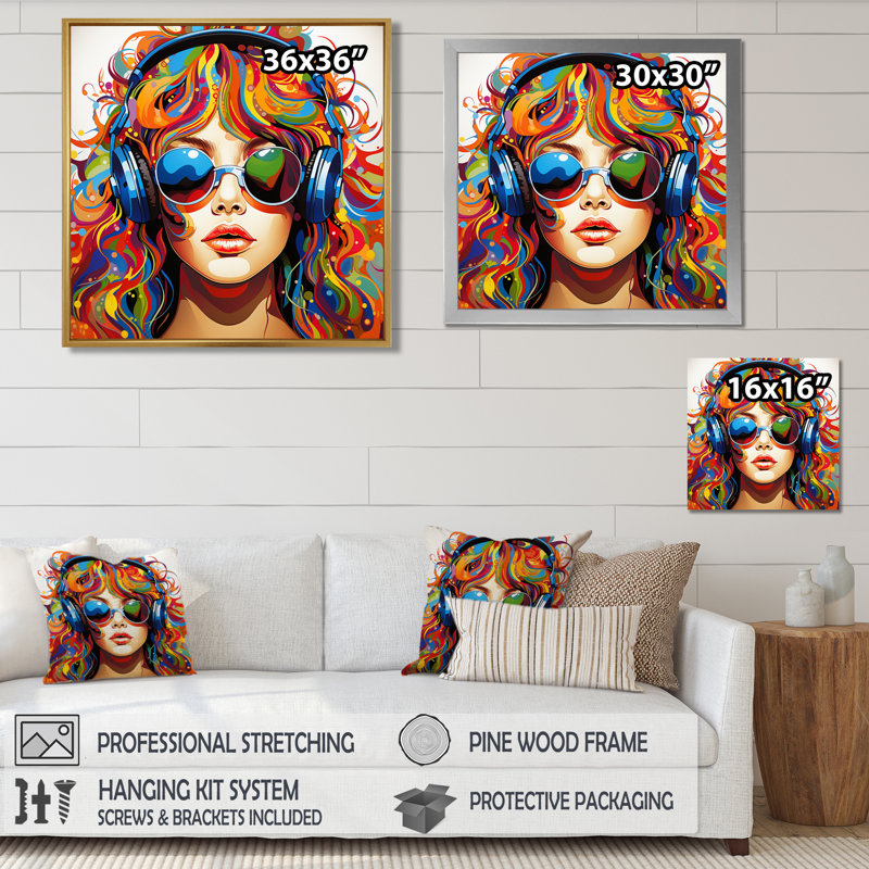 Écouteurs bleus colorés hippie - musique, Toile avec cadre flottant noir, H 16 po x l 16 po x P 1 po