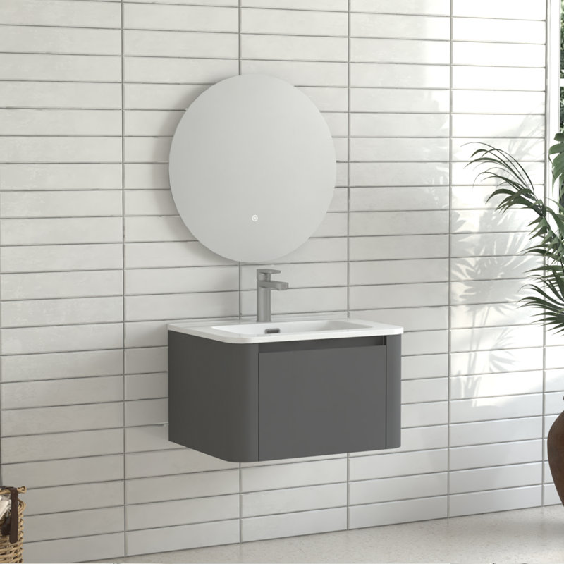 Armoire de salle de bain murale 24 po avec lavabo flottant mural et tiroir en céramique blanche, 24"