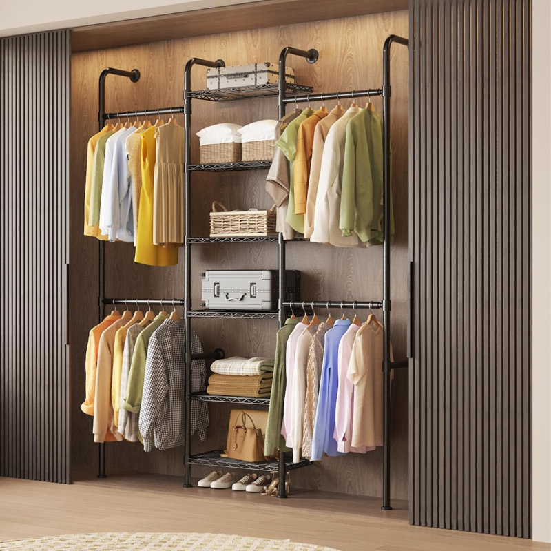 Wall Mount Clothes Rack with 4 Hanging Rods 6 Wire Shelves for Wardrobe Storage