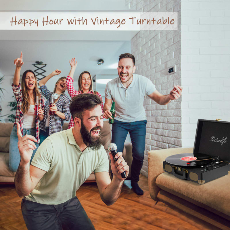 Record Player 3-Speed Bluetooth Suitcase Portable Belt-Driven Record Player With Built-In Speakers RCA Line Out AUX In Headphone Jack Vintage Turntable