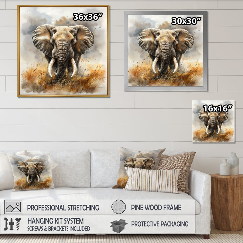 «African Elephant Memories III», reproduction sur toile, H 36 po x l 36 po, Reproduction encadrée, Blanc