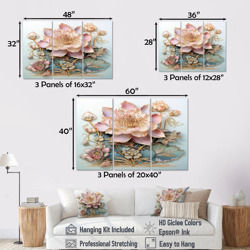 Kean - lot de lotus d'art mural, Toile tendue, H 32 po x l 48 po x P 1 po