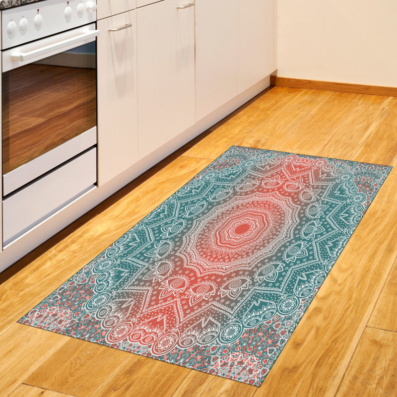 Tapis décoratif corail et bleu sarcelle, Rectangle 2 pi 7 po x 5 pi