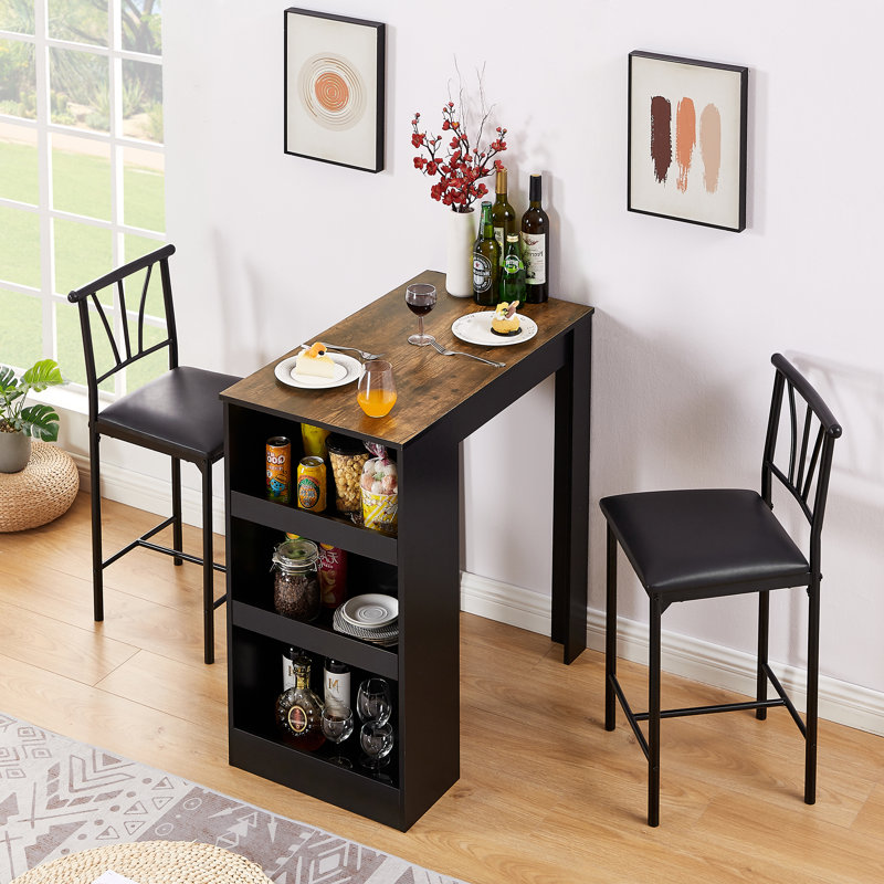Alaura 2 - Person Counter Height Dining Set Dining Table with Triple Storage Tiers Upholstered Chair Set, Brown
