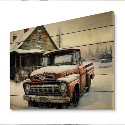 Vieux camion à la grange en hiver II - impression sans cadre sur bois