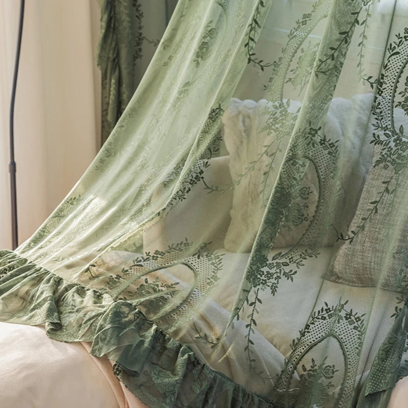 Dessus de rideaux transparents brodés vert foncé, L 78 po x L 102 po