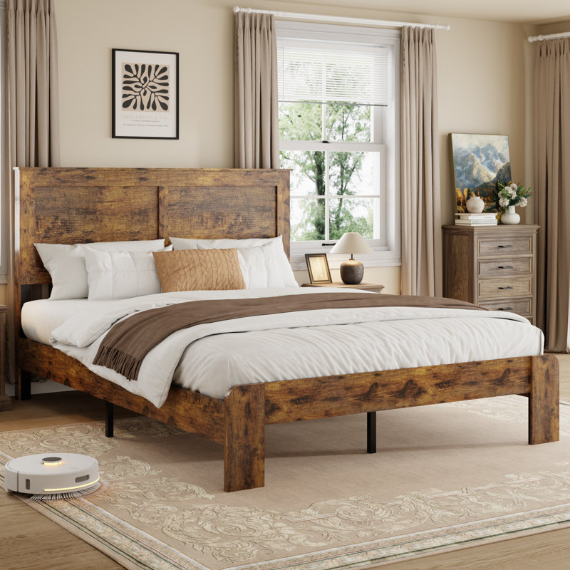 Farmhouse Bed Frame Queen Size，Wooden Platform Bed Frame with Headboard ,No Box Spring Needed,Easy Assembly, Queen