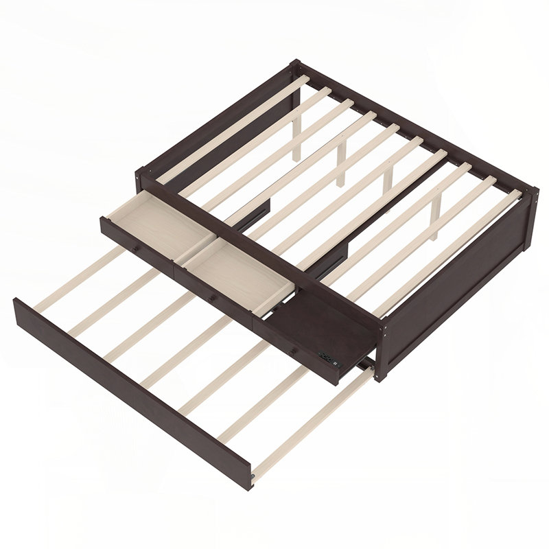 Solid Wood Platform Bed with Trundle, 2 Drawers, and Integrated Power Strip for Enhanced Functionality and Storage, Full