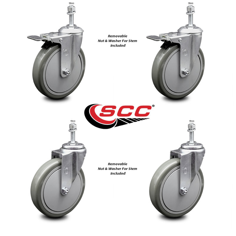 6 Inch Polyurethane Swivel 10mm Stem Caster Set 2 Total Lock Brake SCC