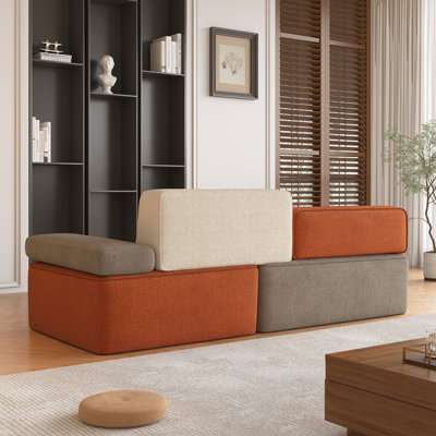 Velvet and Linen Blend Modular Sofa, 200cm Wide with Adjustable Arm Pads in Grey & Orange Fast Dispatch From UK Warehouse – Dispatched Within 2 Days