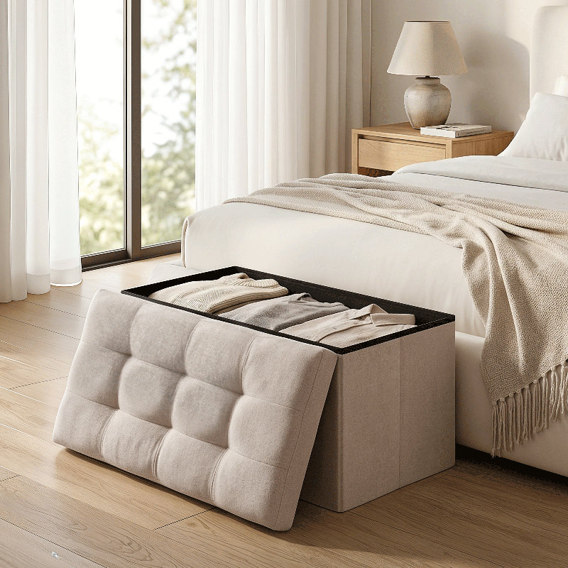 Banc repose-pieds avec rangement 30 po, repose-pieds en lin et coton avec rangement, pour le salon, le vestibule de la chambre à coucher