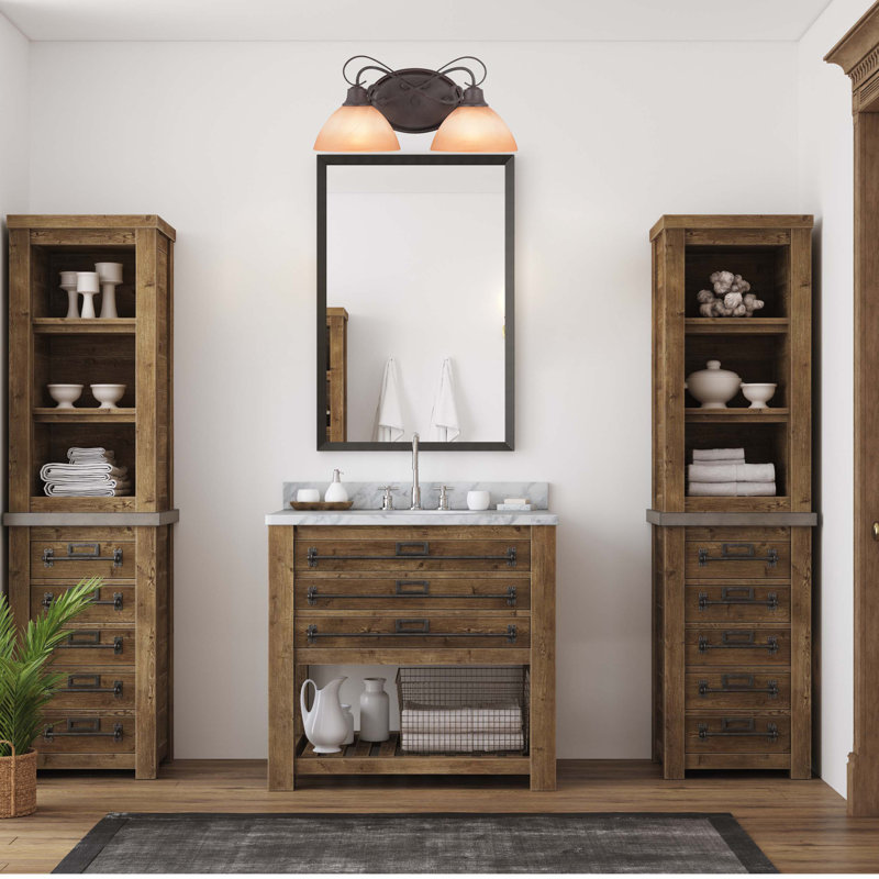 Altamonte 2-Light Indoor Frontier Iron Wall Mount Vanity Light with Amber Alabaster Glass Shades 