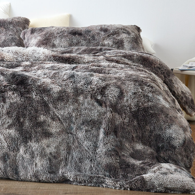 Coma Inducer Fluffy Plush Oversized Comforter Set, King Comforter + 2 Shams, Gray