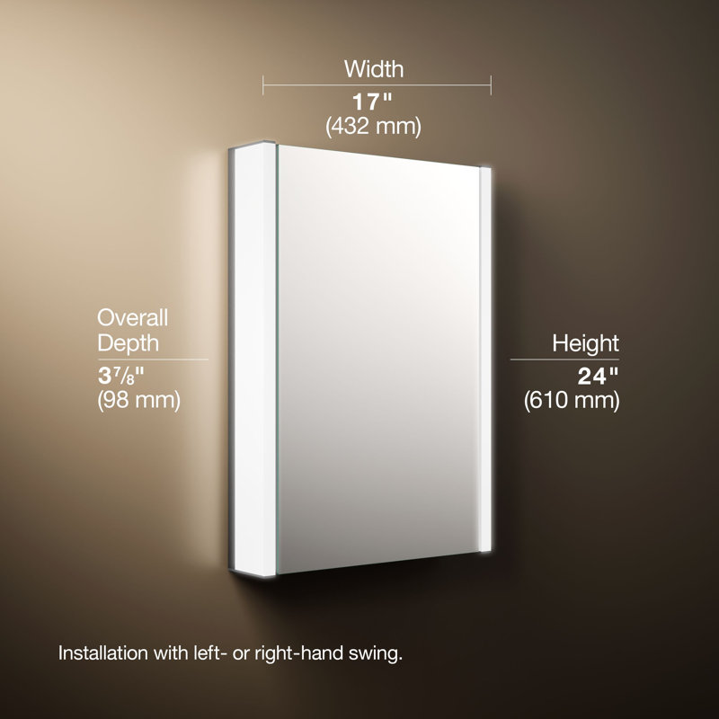 Maxstow Surface Mount Frameless Medicine Cabinet with LED Lighting, 24" H x 17" W x 3.87" D, Vertical