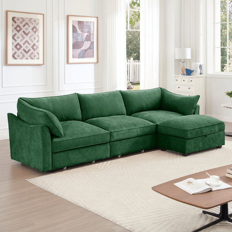 Canapé modulaire en L à 3 places, canapé 3 places avec 1 repose-pieds mobile, assise confortable, large et profonde, vert chenille