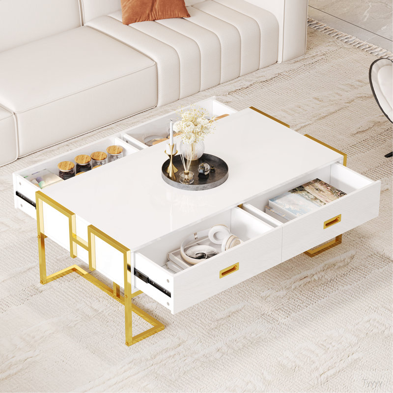 Modern Rectangular Coffee Table With 4 Drawers And Gold Base In 47.3", White