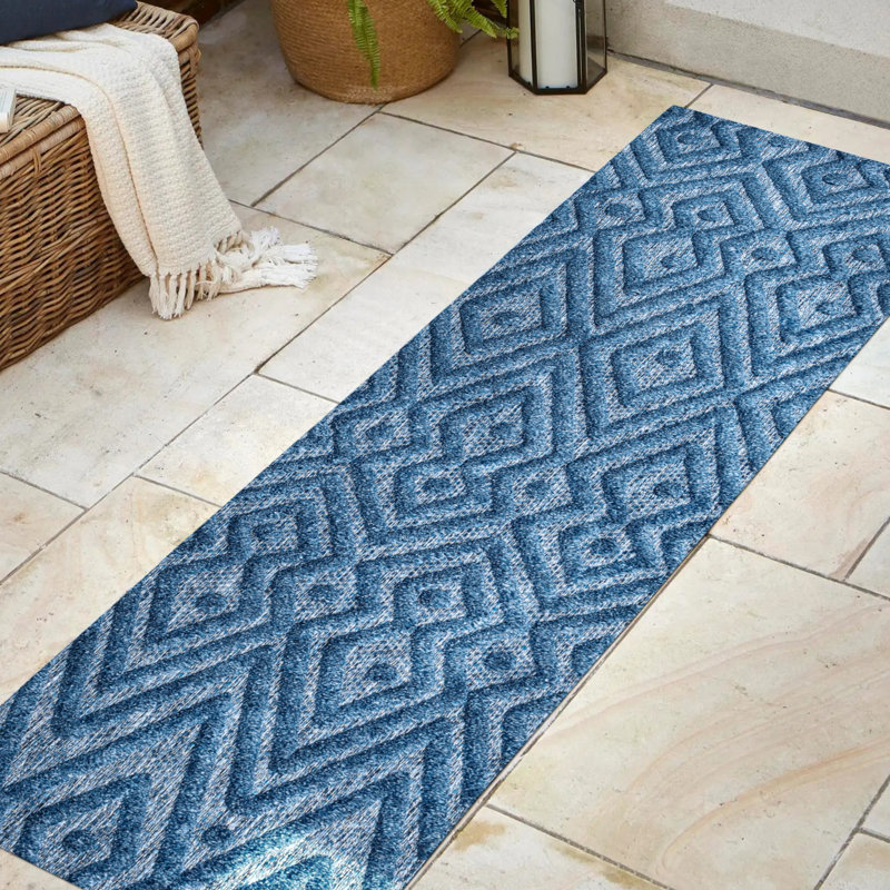 Fierros Moroccan Diamond Navy Indoor/Outdoor Rug, Runner 2'2" x 8'