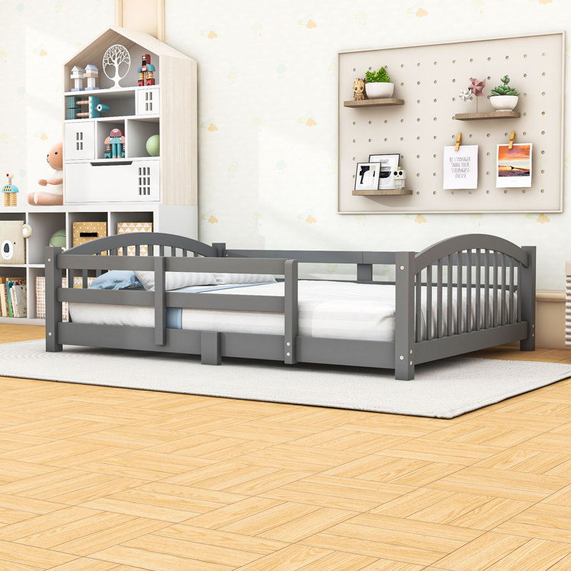 Wood Floor Bed with Safety Guardrails, Gray, Full
