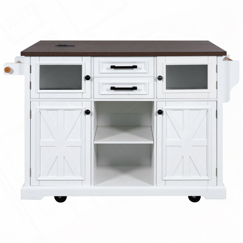 Kitchen Island with Drop Leaf, Power Outlet,4 Door Shelves, White
