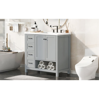Meuble-lavabo de 36 po avec comptoir d'évier, meuble-lavabo avec deux portes et deux tiroirs, bois massif, tablette ouverte, panneaux de fibres à densité moyenne, un paquet, gris