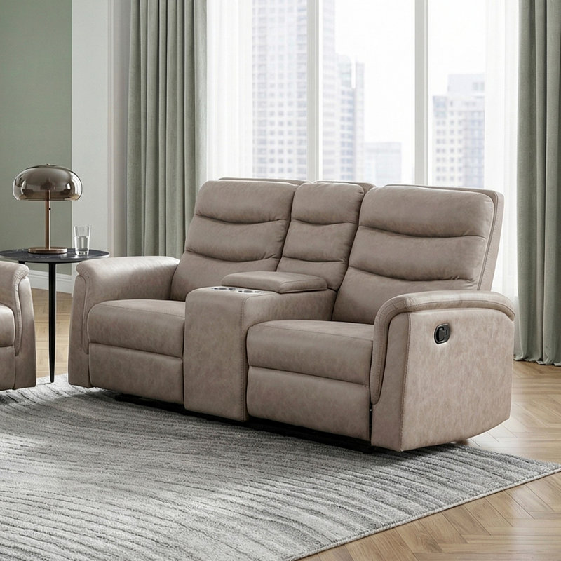 Canapé inclinable deux places, revêtement en microfibre taupe, console de rangement, porte-gobelets, structure en contreplaqué, meuble de salon (1 pièce)