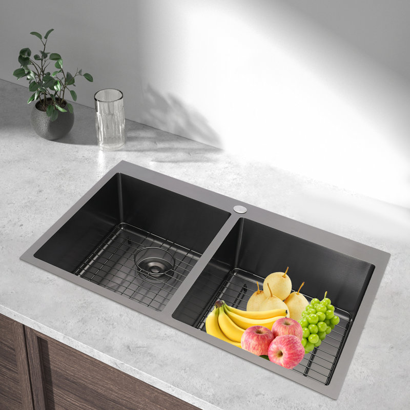 Modern Rectangular Stainless Steel Double Bowl Drop In Kitchen Sink With Drainage Grids, Gold