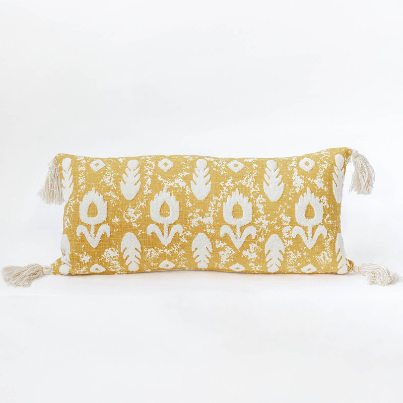 Coussin avec pampilles, H 12 po x l 28 po, Forme rectangulaire, Jaune