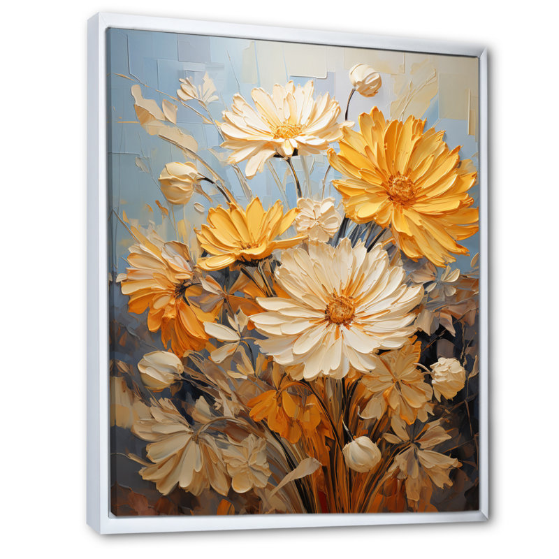 Yovanna Chrysanthemums Autumn Gold Patchwork II, H 44 po x l 34 po x P 1,5 po, Cadre flottant blanc