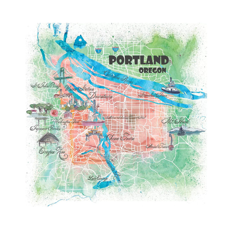 Portland Oregon USA Illustrated Map by Markus & Martina Bleichner - Painting on Canvas, Wrapped Canvas
